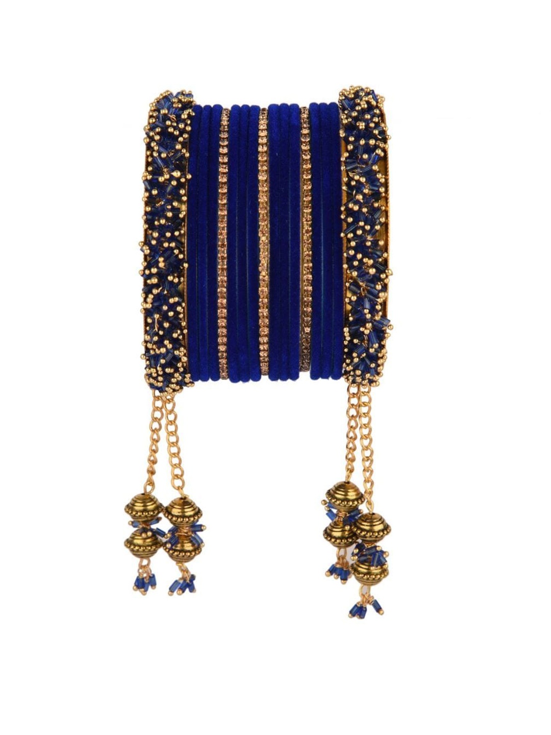 

Efulgenz Set of 17 Navy Blue & Gold Coloured Crystal Studded Antique Bangles