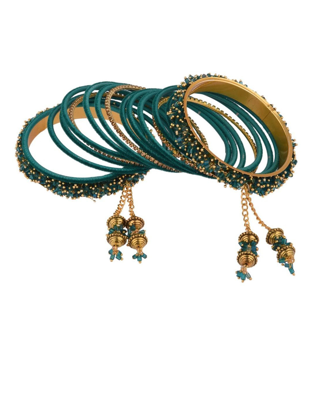 

Efulgenz 17 Pieces Teal Blue & Gold Toned Velvet Crystal Studded Bangle Set