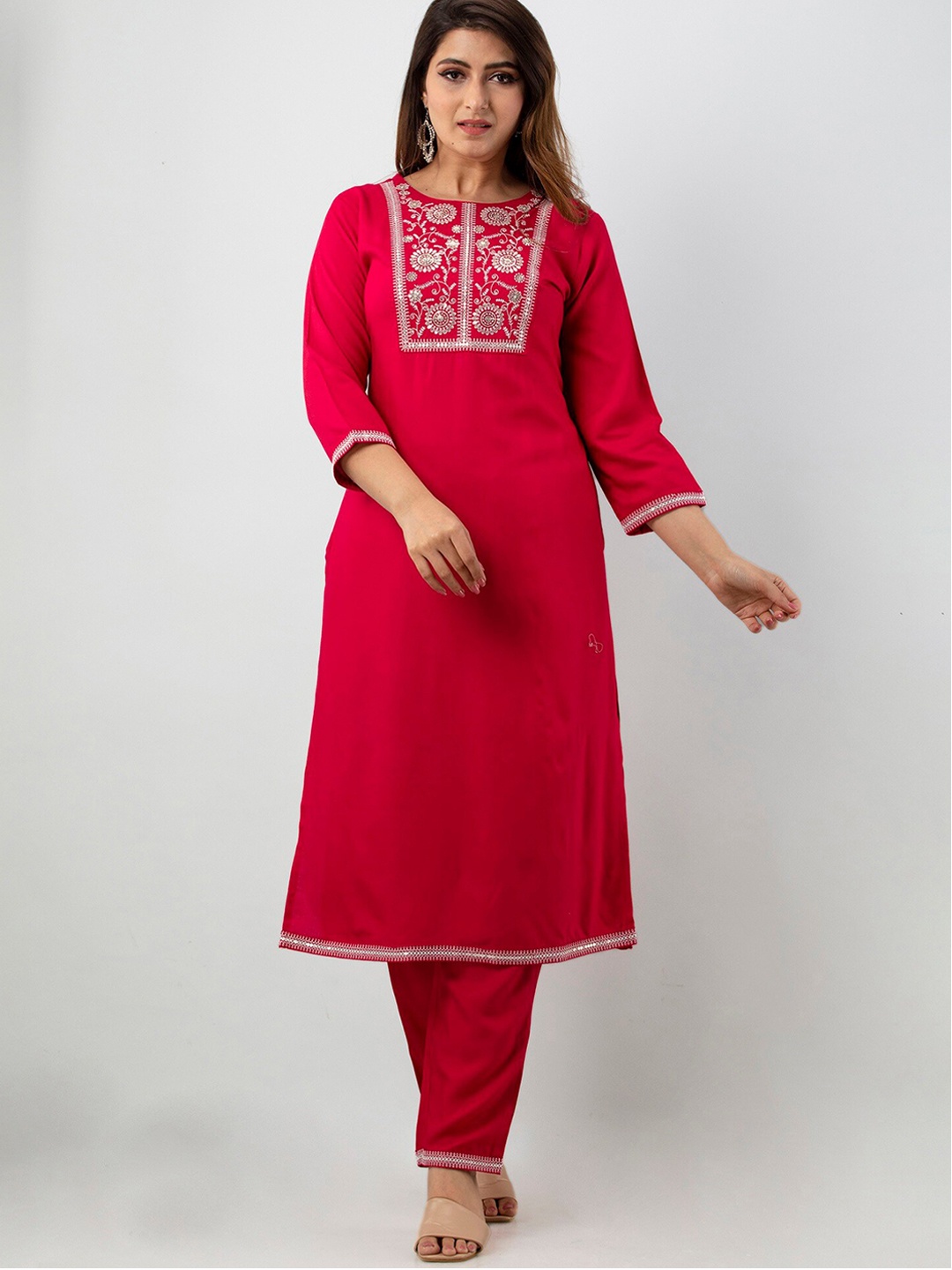 

BARKHA FAB Women Pink Ethnic Motifs Yoke Design Sequinned Kurti with Trousers