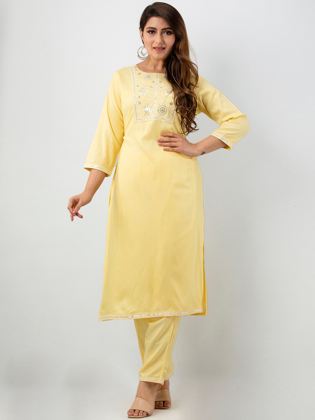 

BARKHA FAB Women Yellow Sequinned Kurta with Trousers