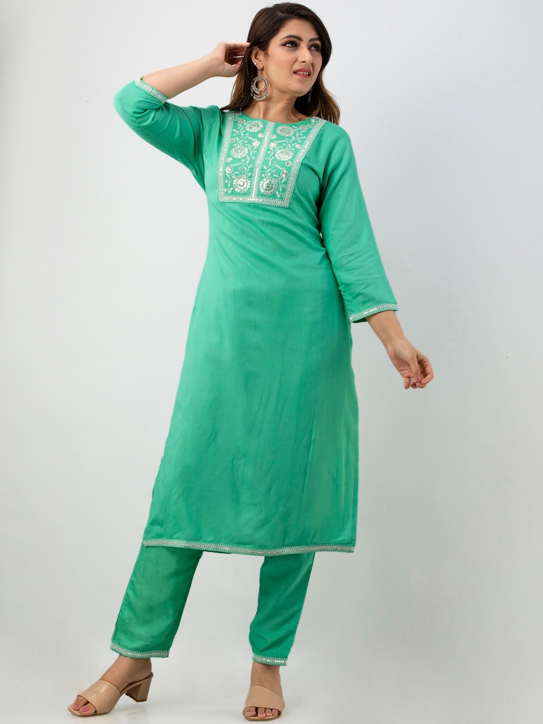 

BARKHA FAB Women Sea Green Embroidered Empire Sequinned Kurti with Trousers & With Dupatta