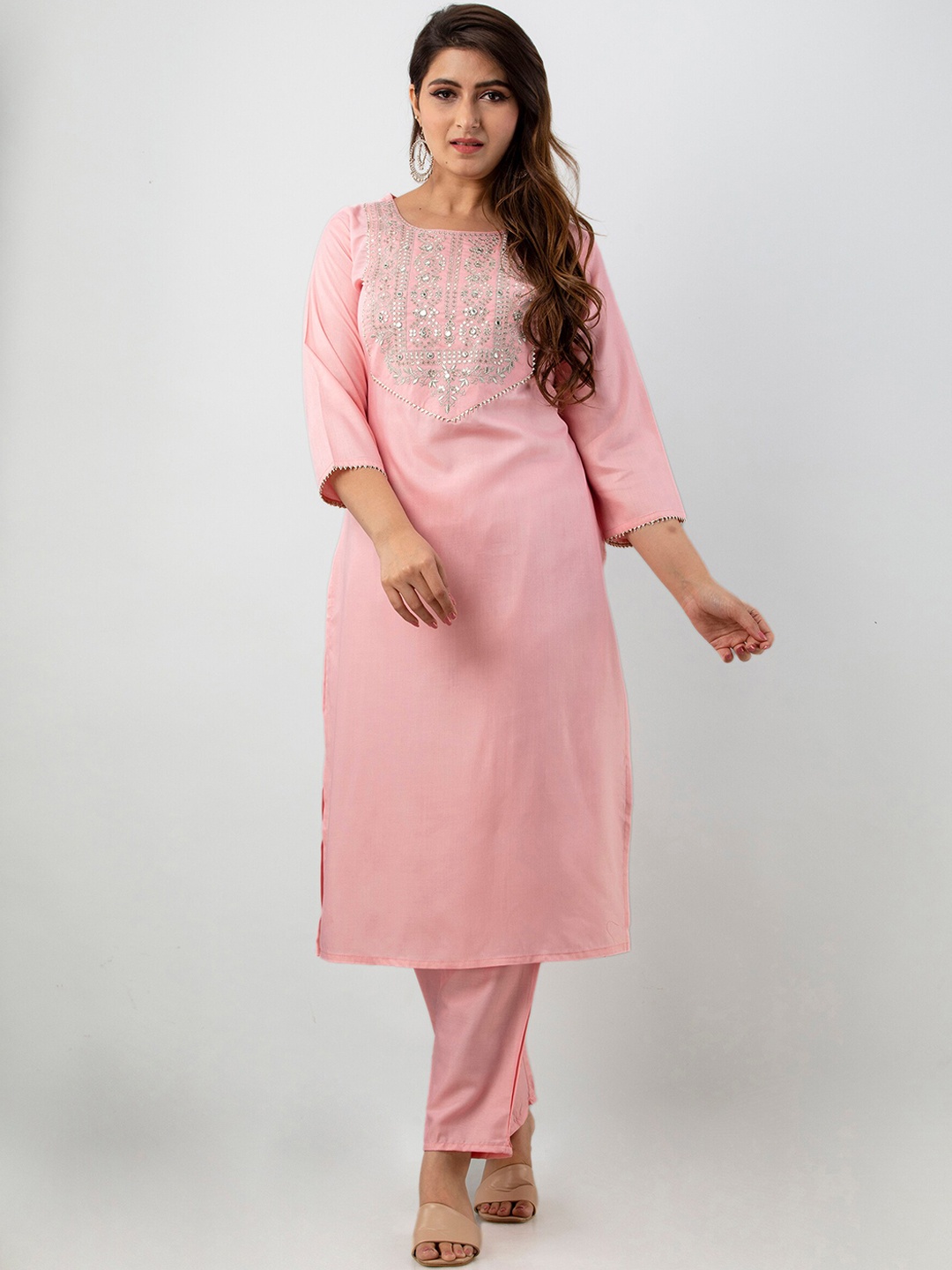 

BARKHA FAB Women Pink Floral Embroidered Pleated Sequinned Kurti with Trousers