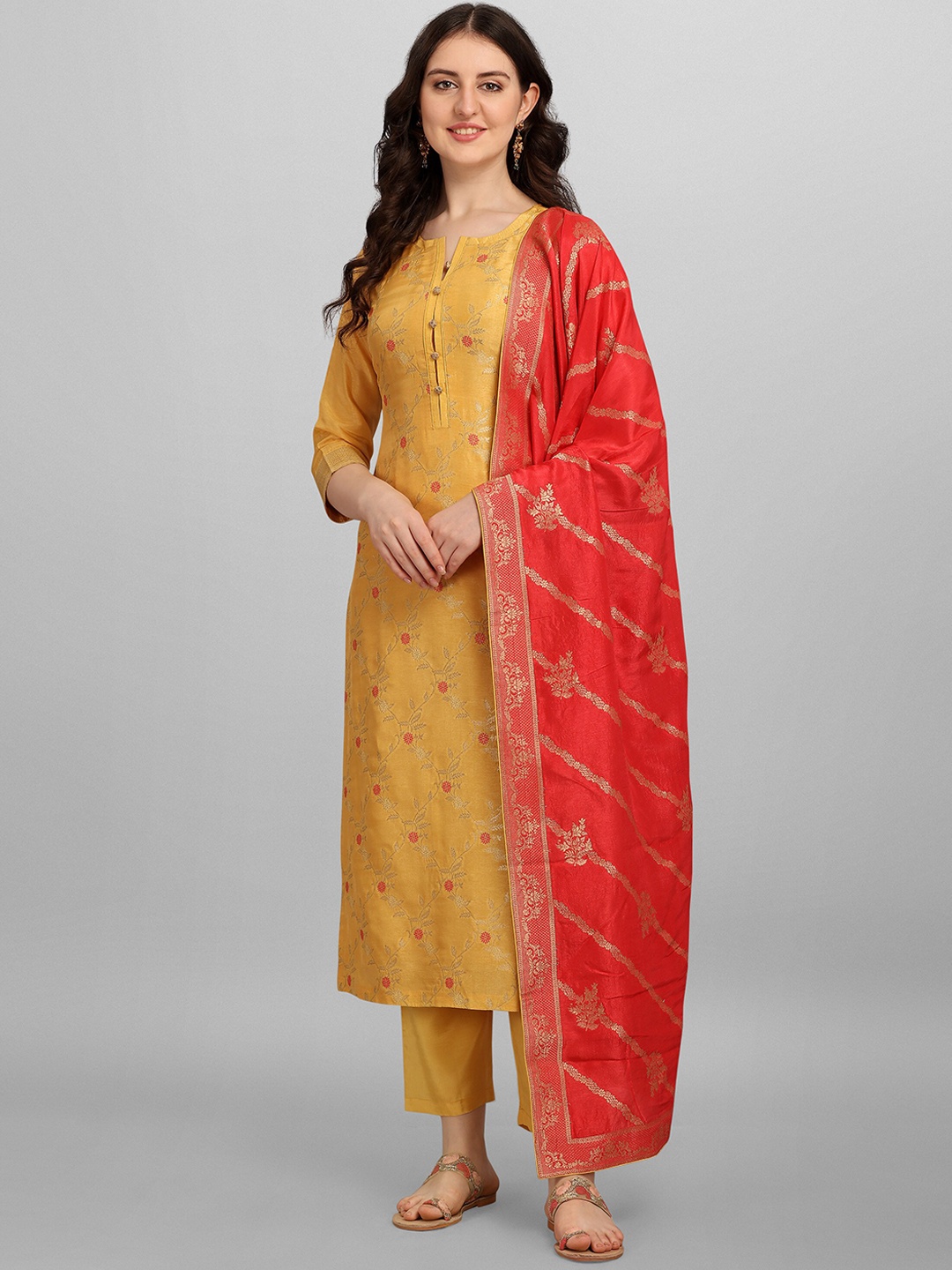 

Seerat Women Yellow Embroidered Layered Thread Work Pure Silk Kurta with Trousers