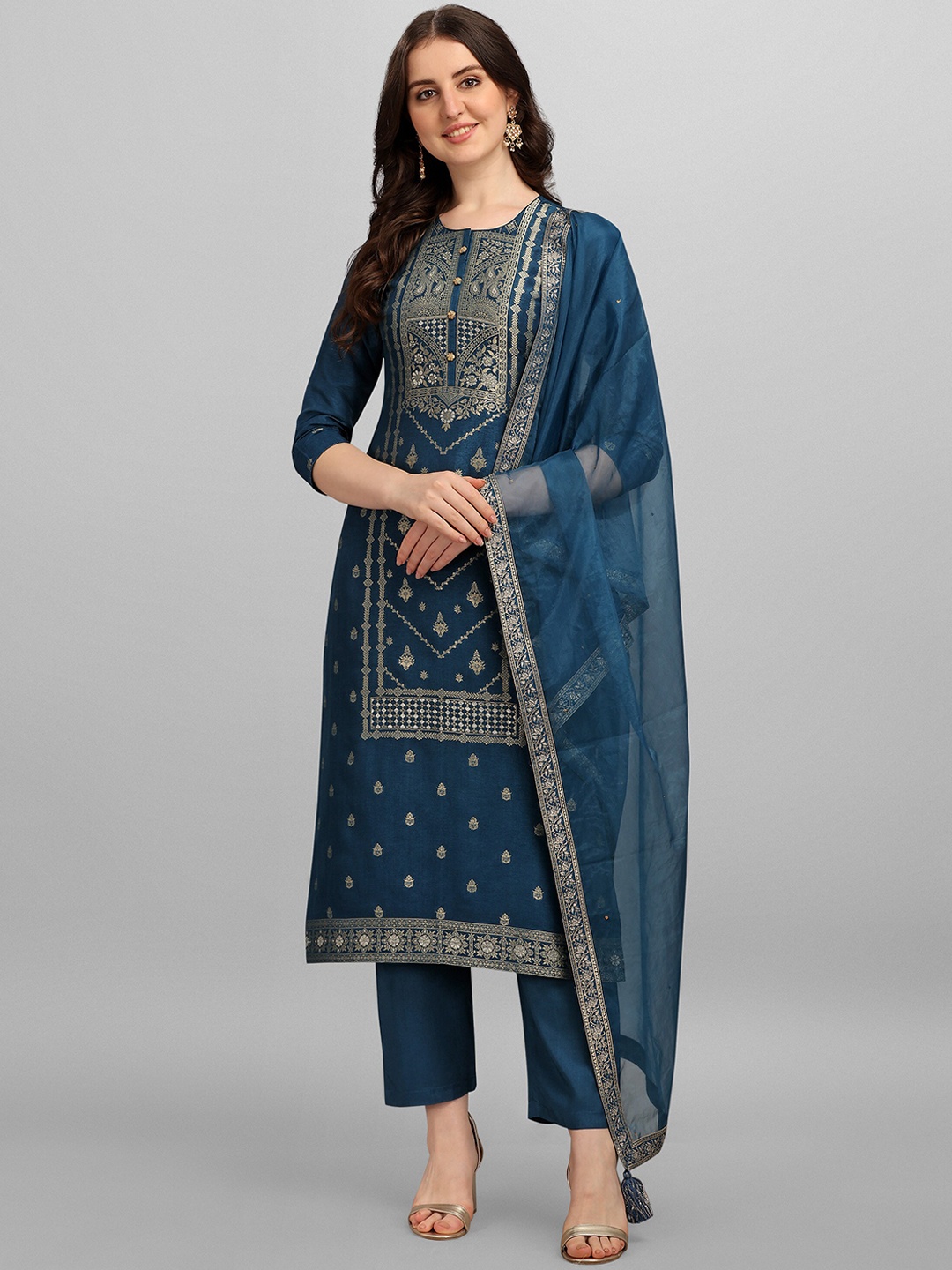 

Seerat Women Teal Paisley Thread Work Pure Silk Kurti with Palazzos