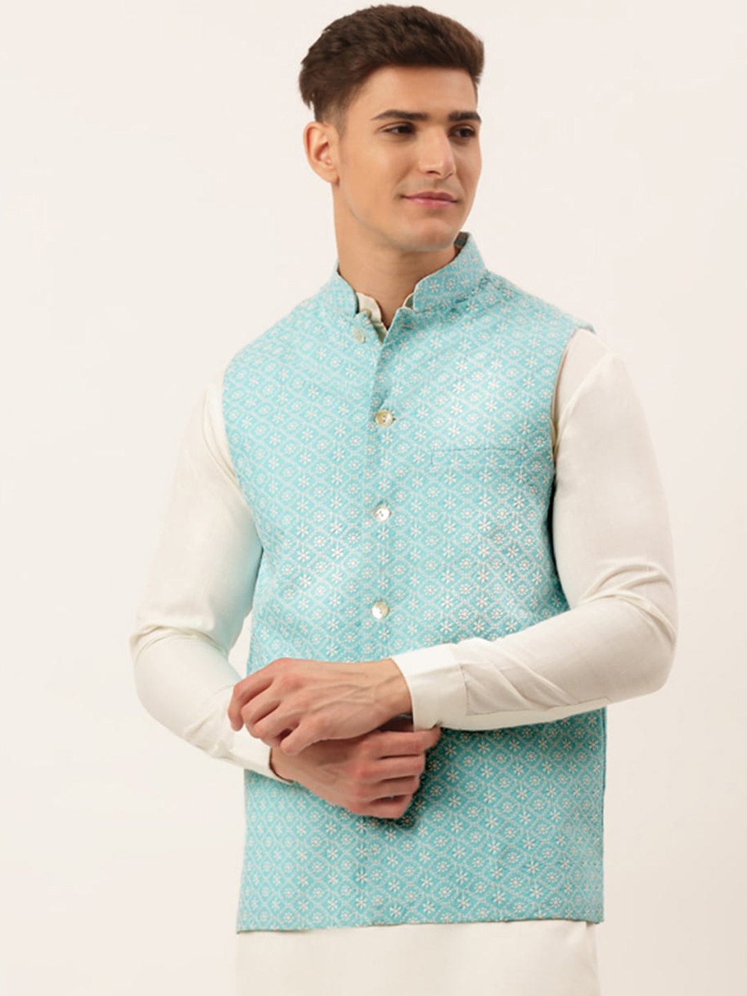 

Jompers Men Blue & White Woven Design Pure Cotton Nehru Jackets, Turquoise blue