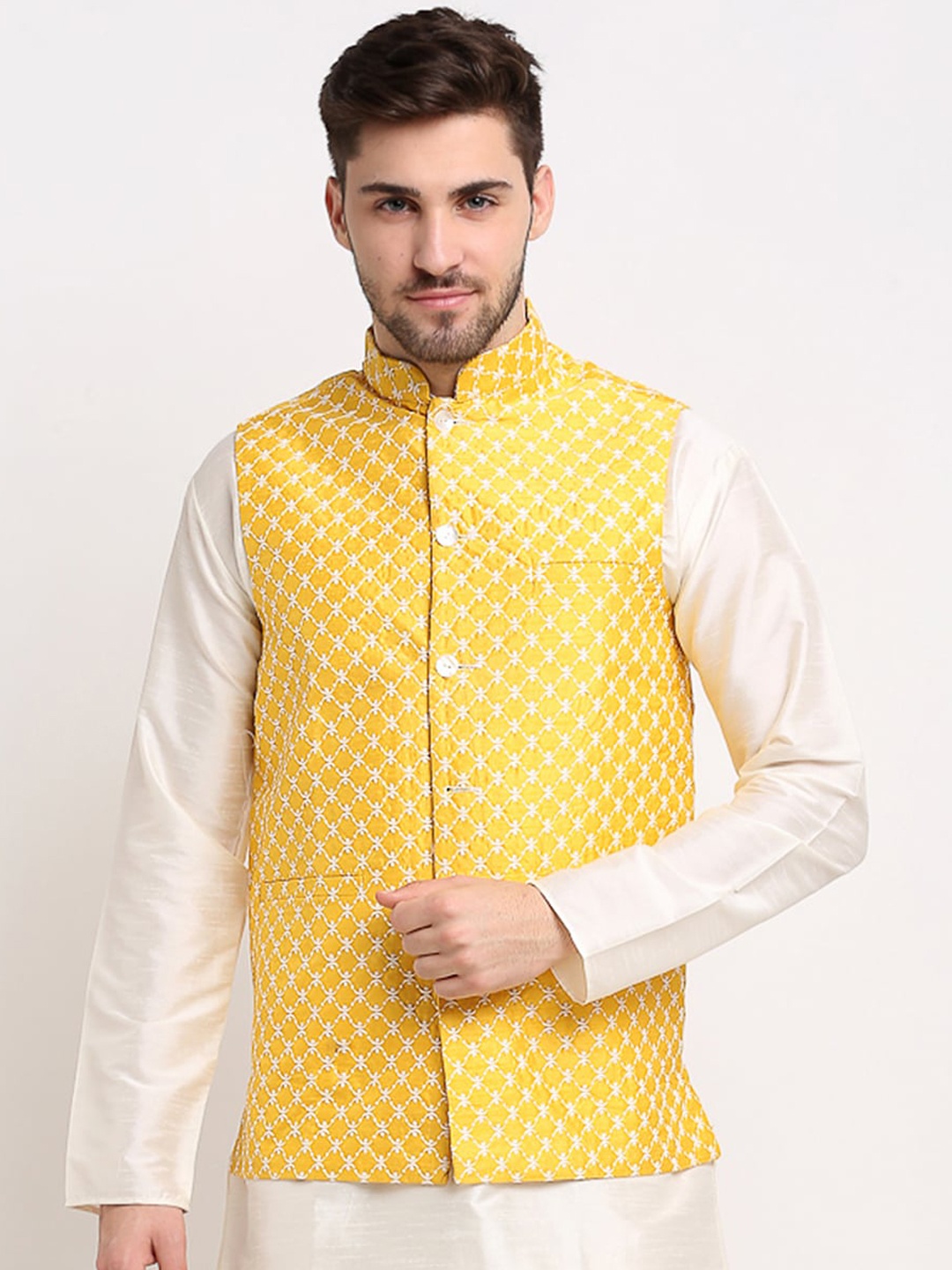 

Jompers Men Mustard Yellow Embroidered Woven Nehru Jacket