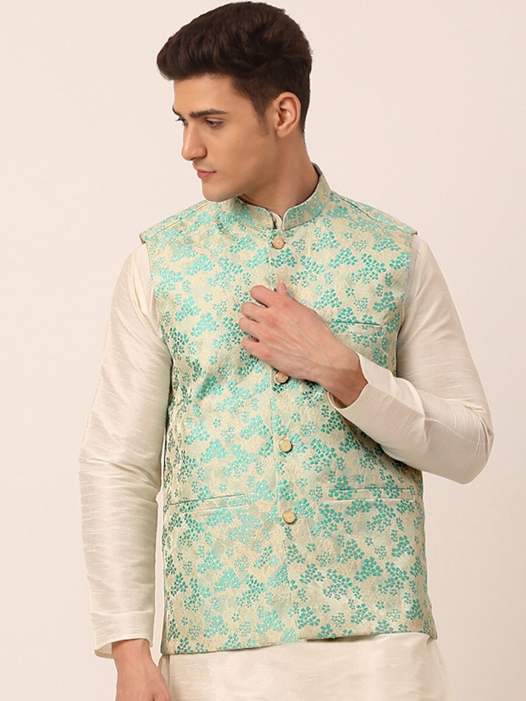 

Jompers Men Turquoise Blue Floral Woven Designed Nehru Jackets