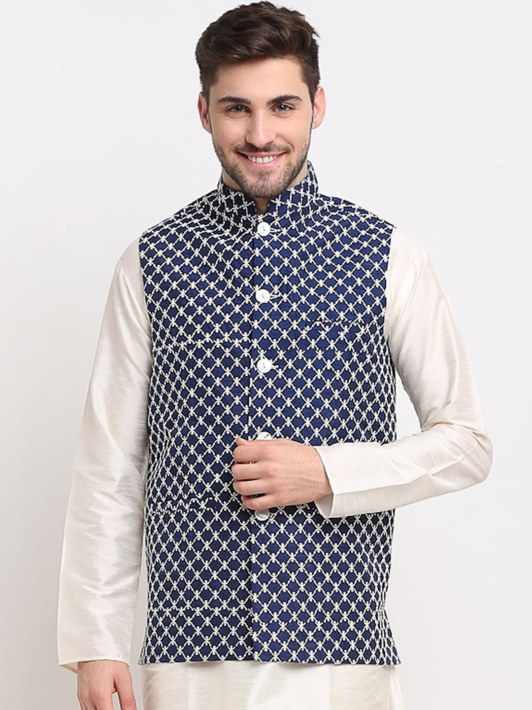 

Jompers Men Navy Blue Printed Nehru Jackets