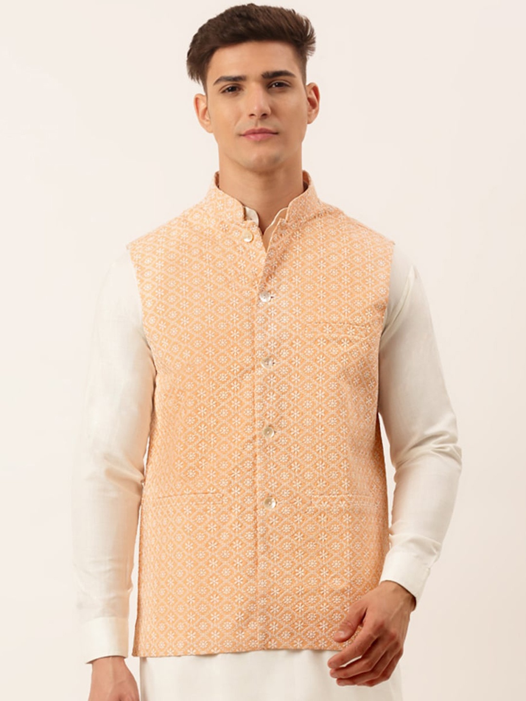 

Jompers Men Orange Coloured Embroidered Pure Cotton Nehru Jackets