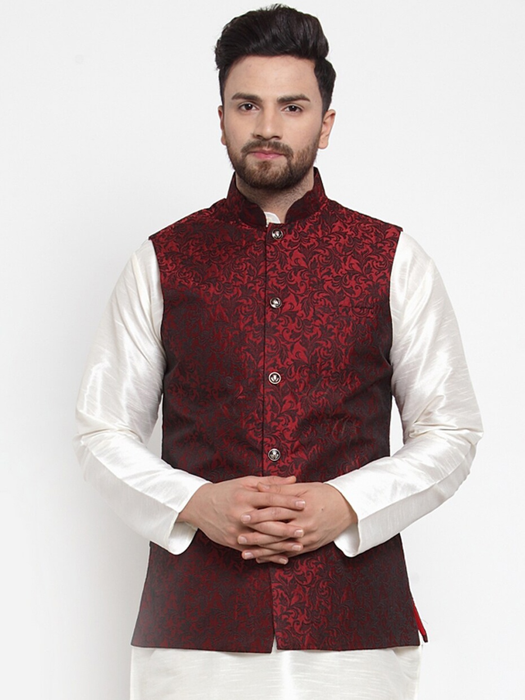 

Jompers Men Maroon Floral Woven Design Nehru Jacket