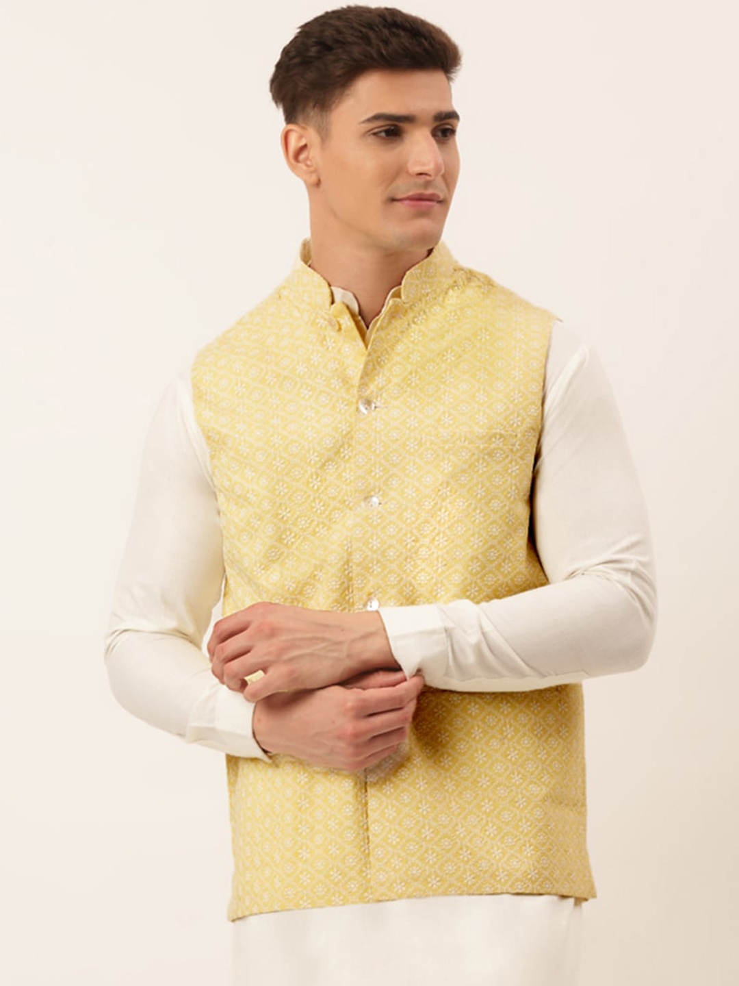 

Jompers Men Yellow Woven-Design Pure Cotton Nehru Jacket