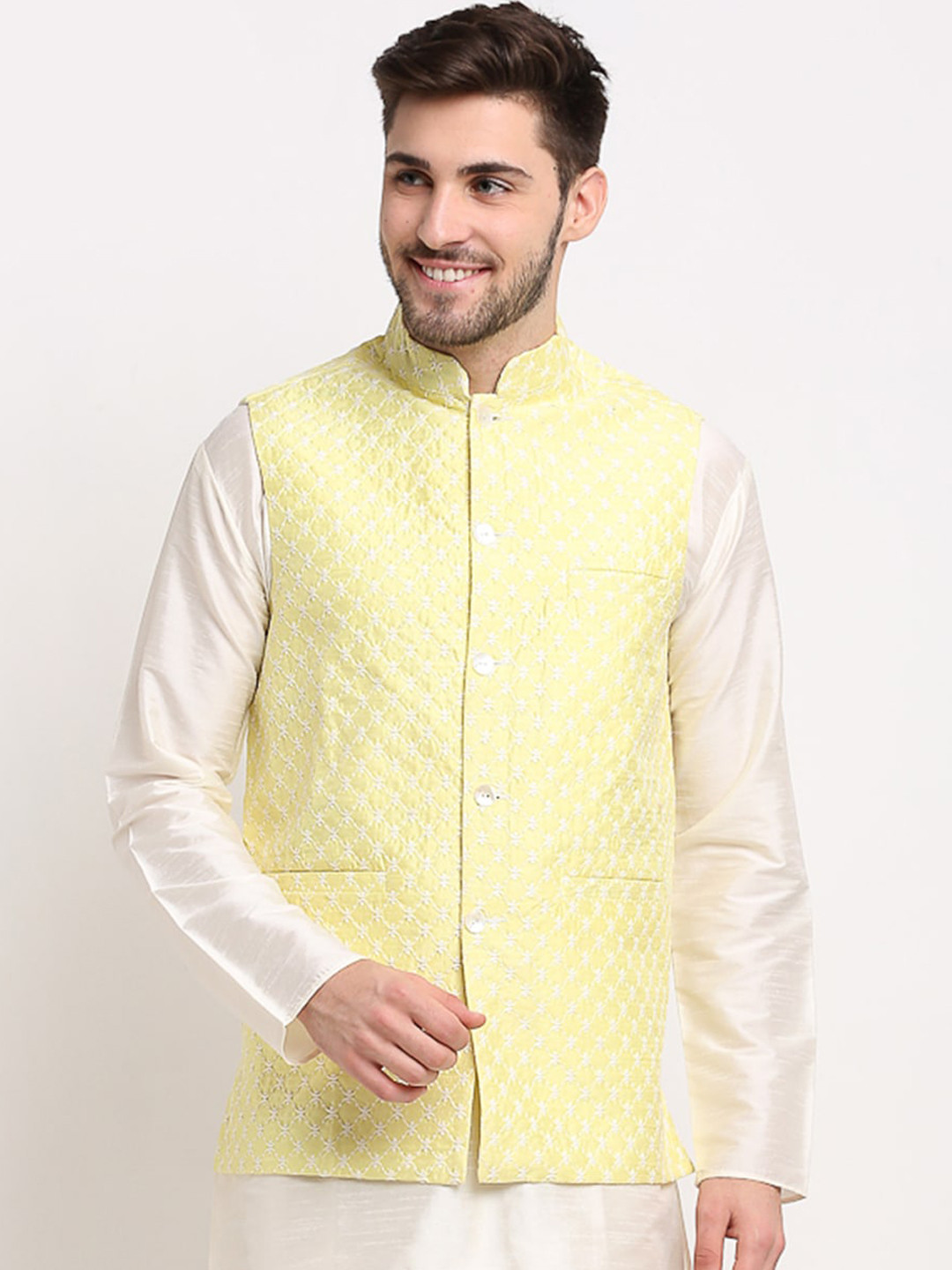

Jompers Men Yellow & White Embroidered Dupion Silk Nehru Jacket
