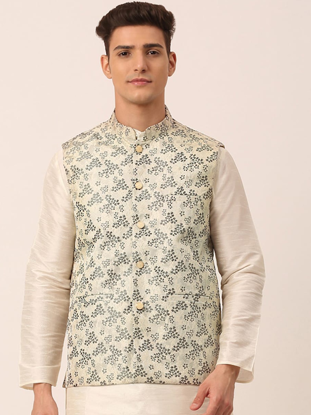 

Jompers Men Grey & Beige Floral Design Nehru Jackets
