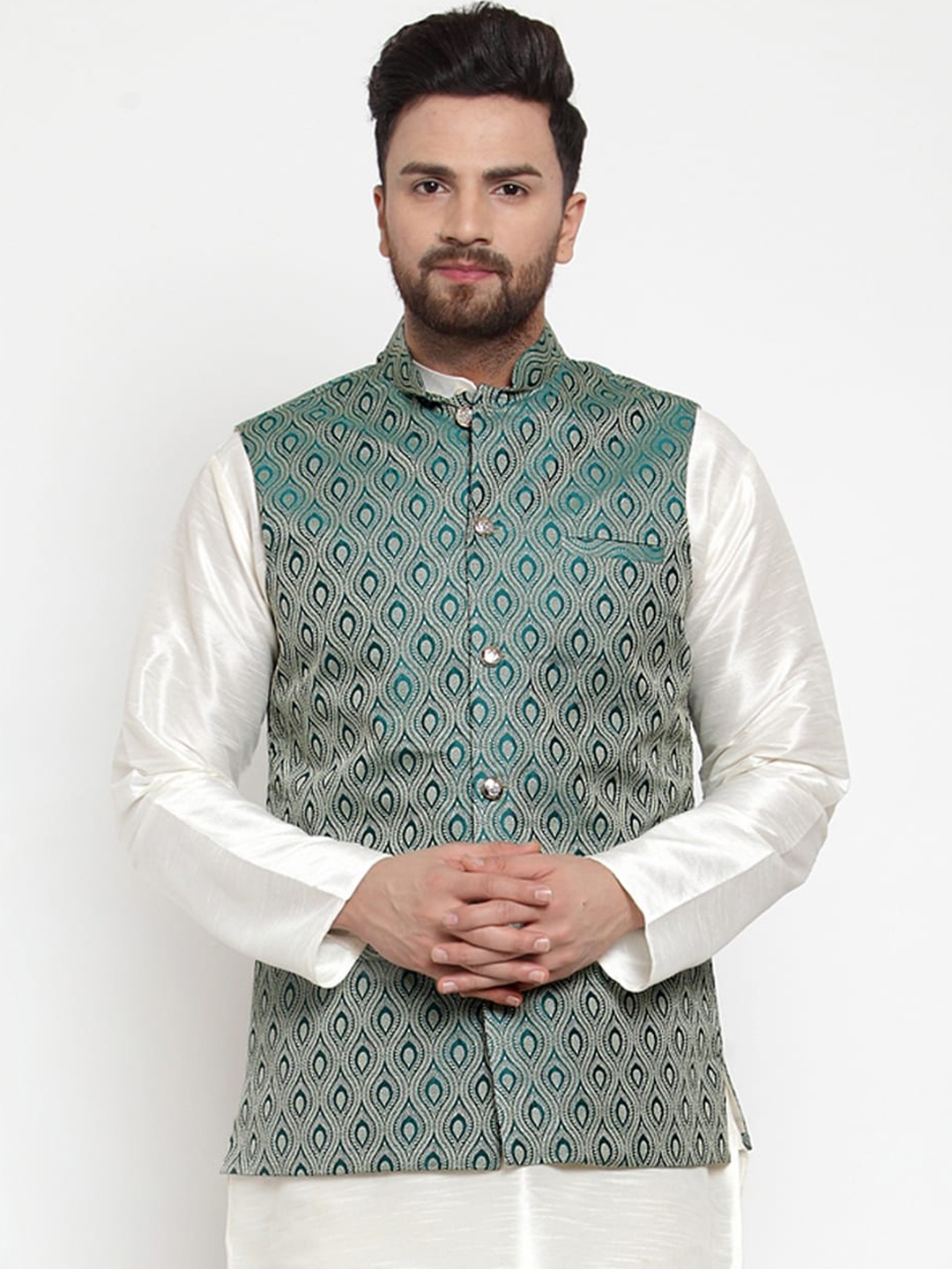 

Jompers Men Green Woven-Design Nehru Jacket