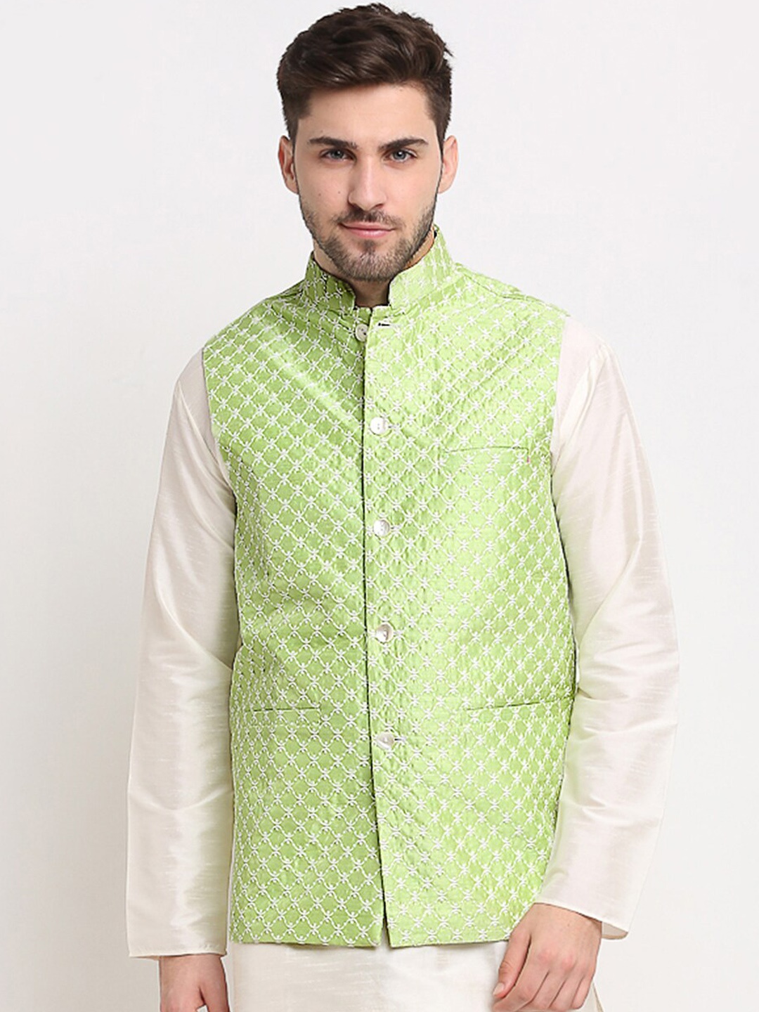 

Jompers Men Green & White Embroidered Nehru Jackets