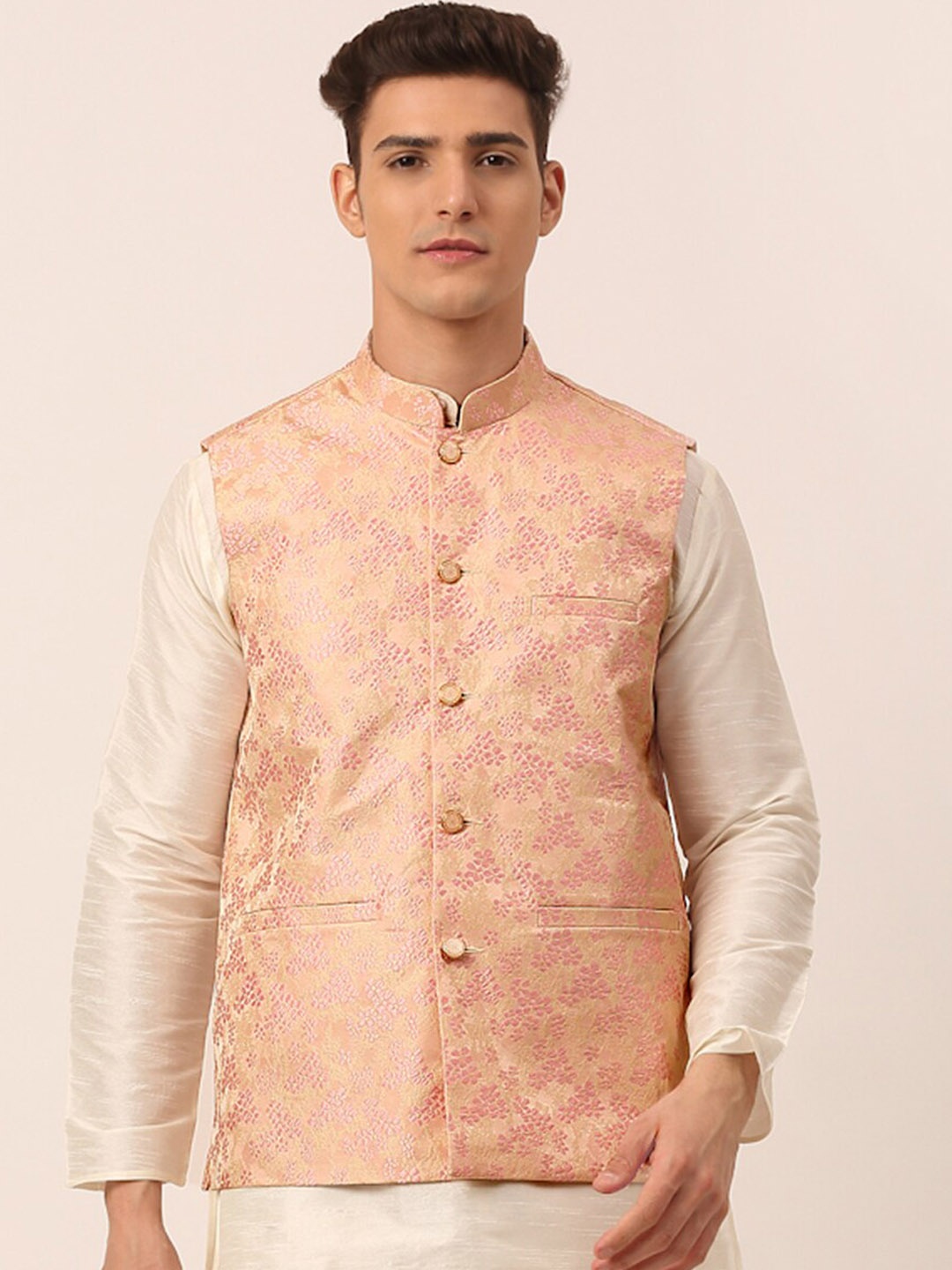 

Jompers Men Pink Floral Woven Design Nehru Jacket