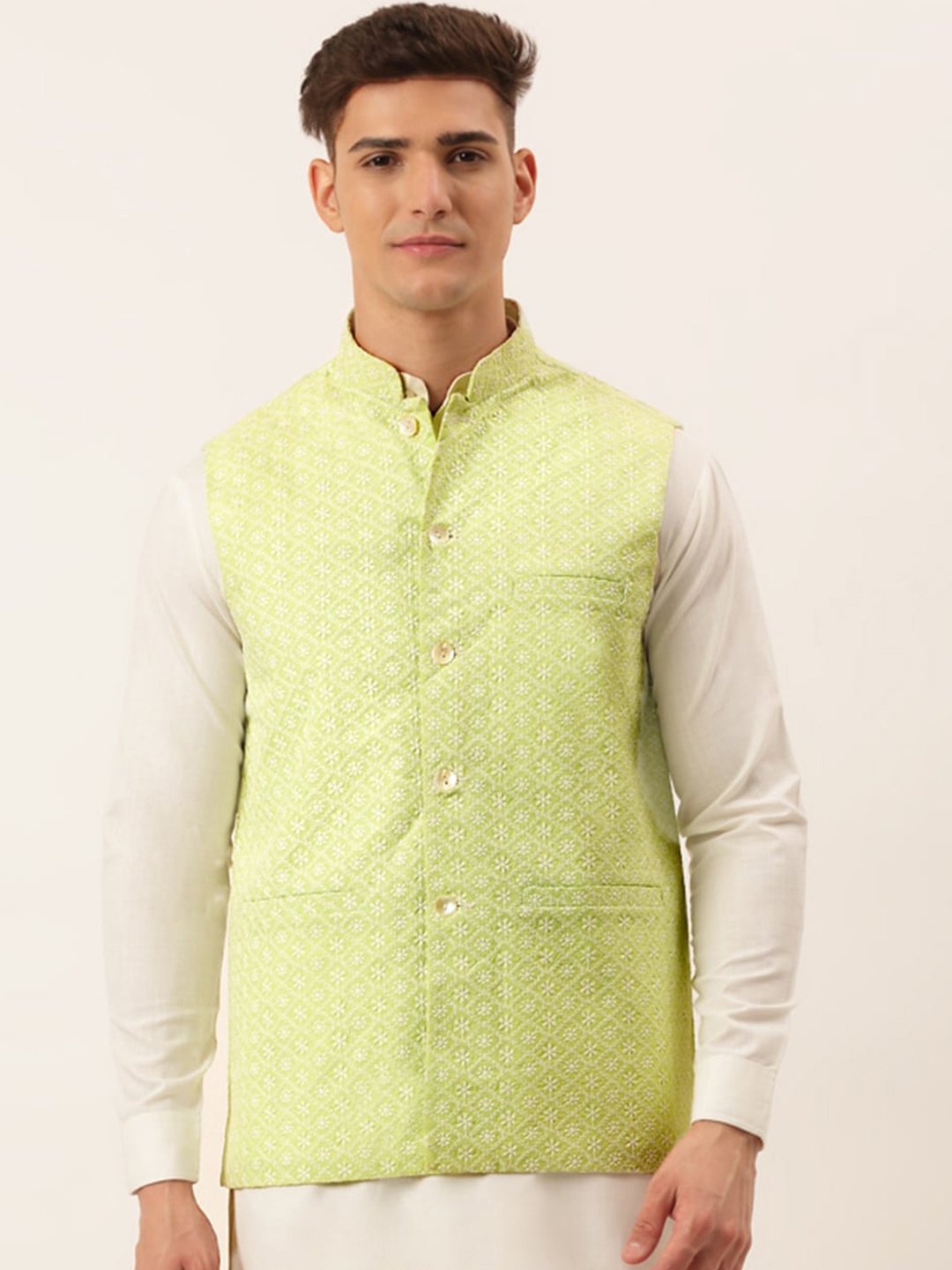 

Jompers Men Green & White Embroidered Pure Cotton Nehru Jackets