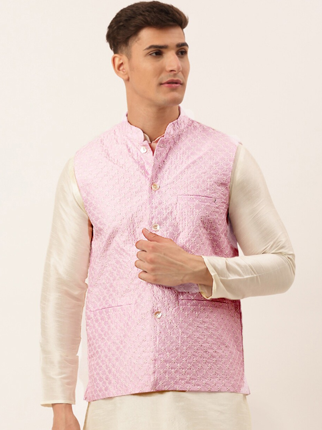 

Jompers Men Pink Embroidered Nehru Jackets