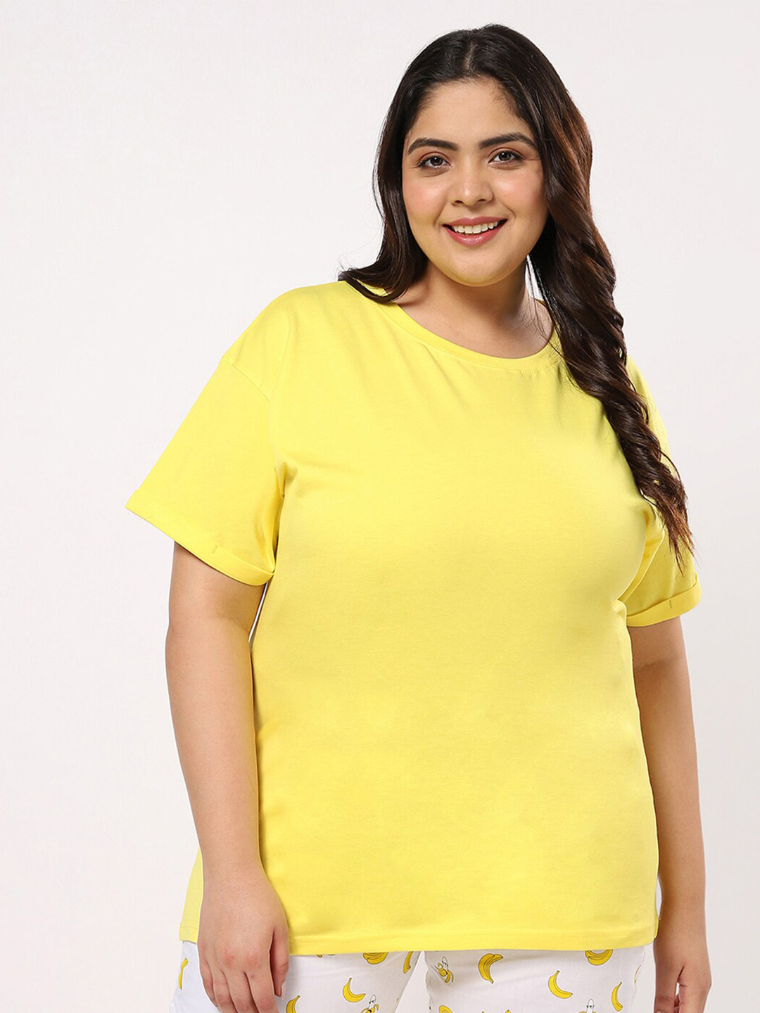 

Bewakoof Plus Women Yellow Loose T-shirt