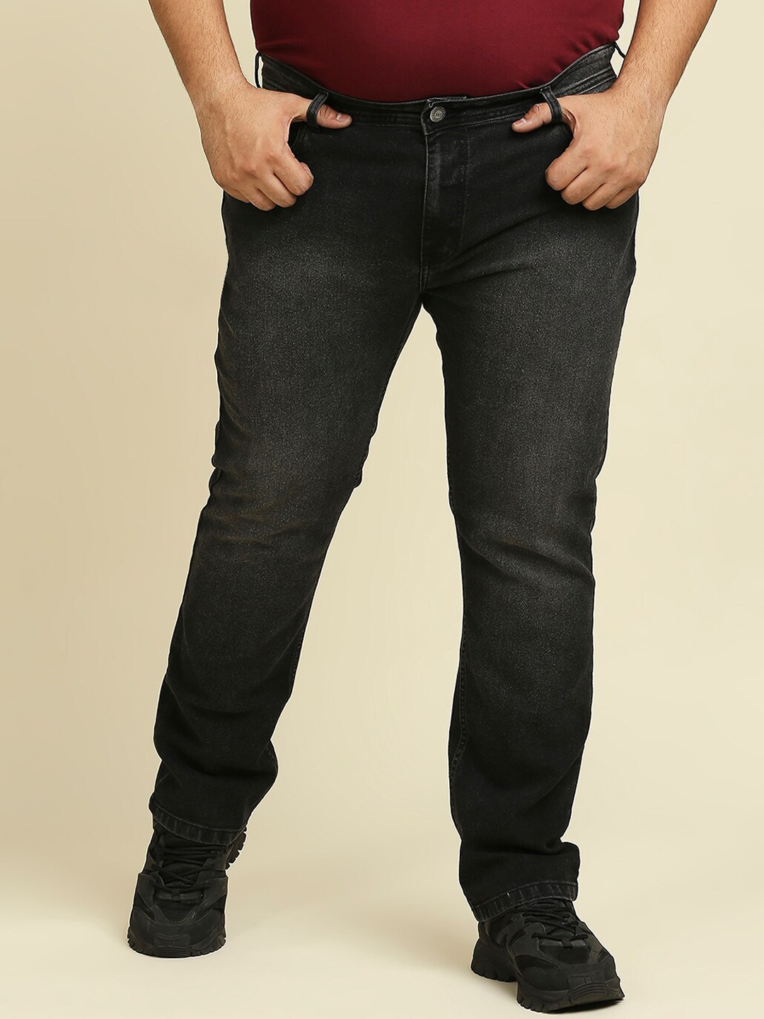 

Freeform by High Star Men Black Slim Fit Low Distress Light Fade Stretchable Plus Size Jeans