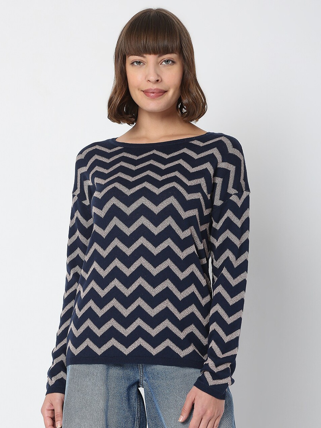 

Vero Moda Women Blue & Silver-Toned Printed Sweater