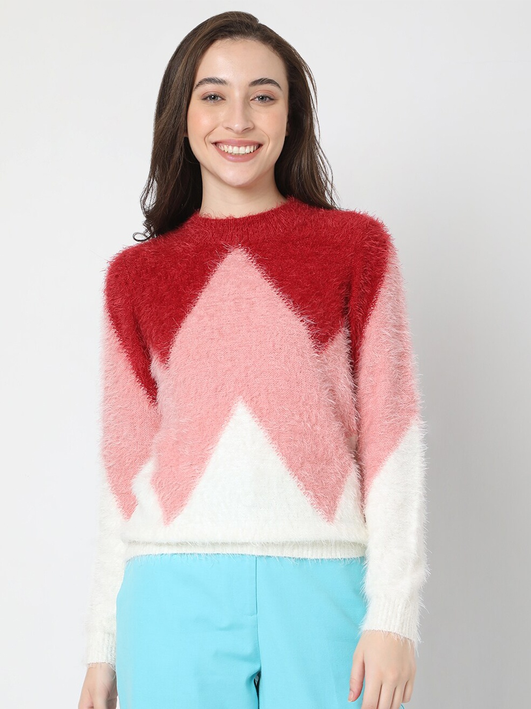 

Vero Moda Women White & Pink Colourblocked Pullover