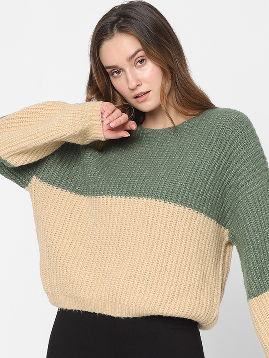 

Vero Moda Women Green & Beige Colourblocked Pullover