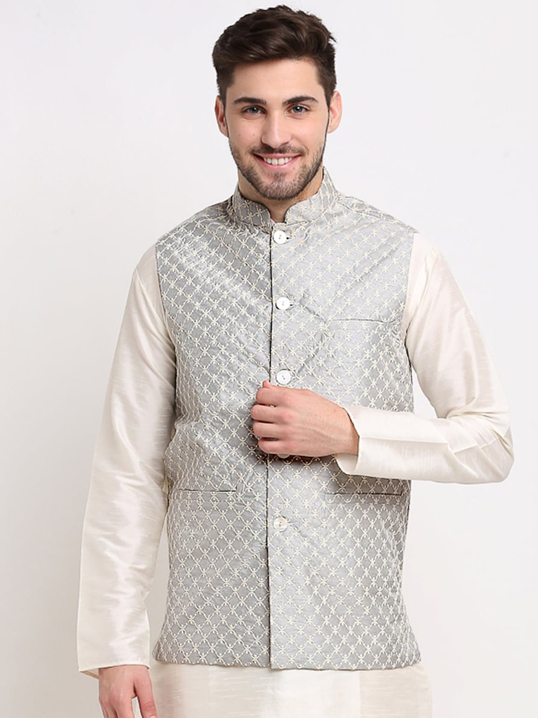 

Jompers Men Grey & White Embroidered Waistcoat