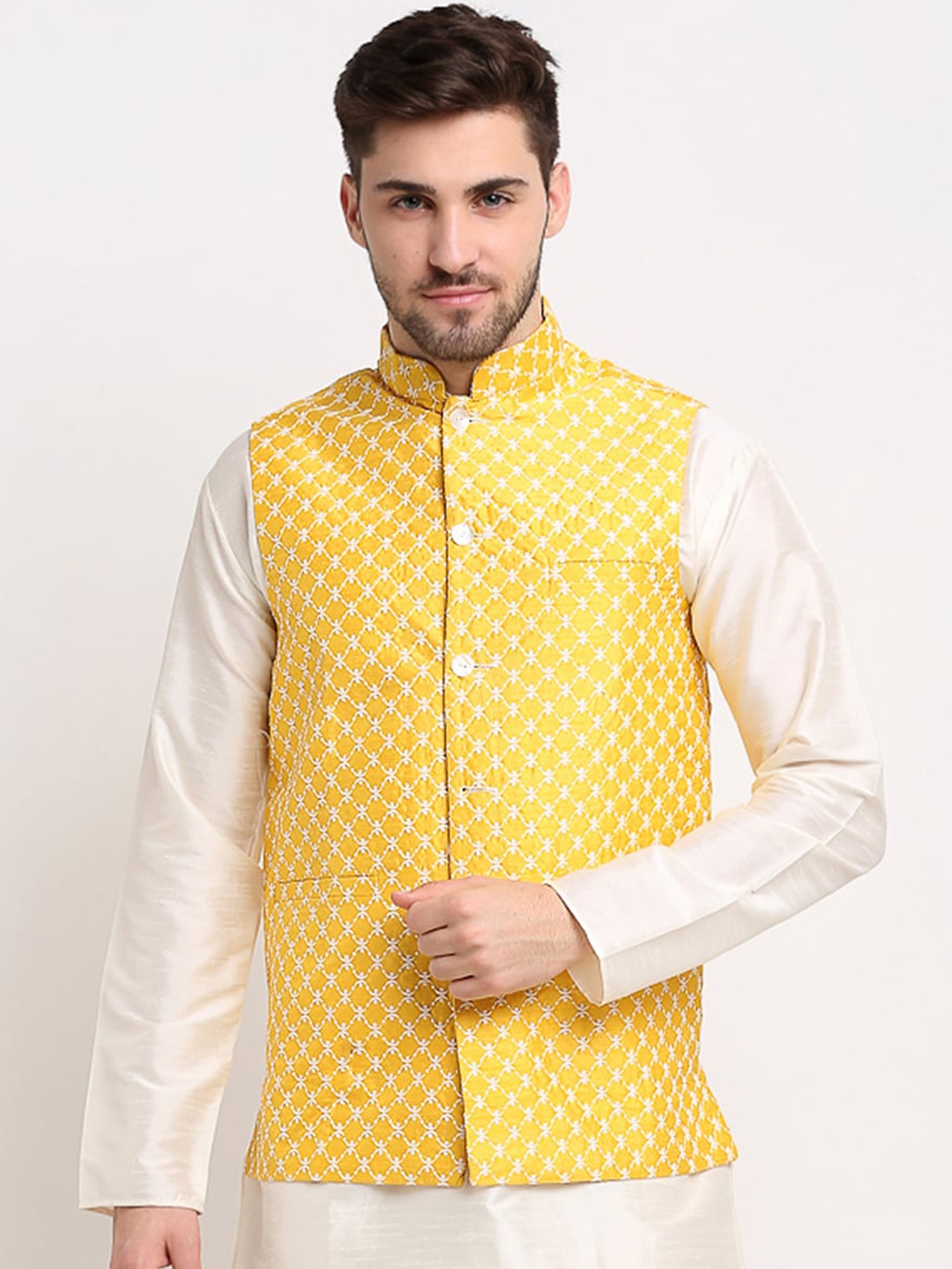 

Jompers Men Mustard Yellow & White Embroidered Waistcoat