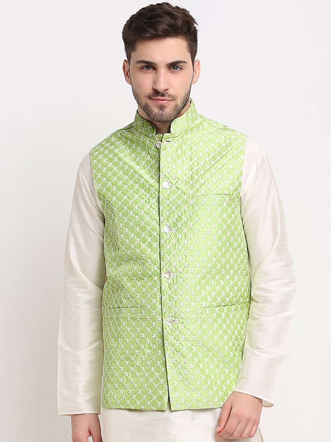 

Jompers Men Green Woven Design Nehru Jacket