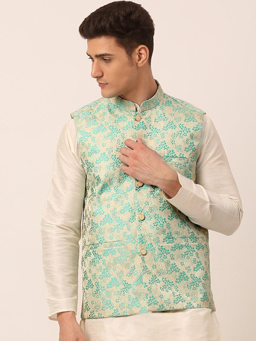 

Jompers Men Sea Green Woven Design Waistcoat