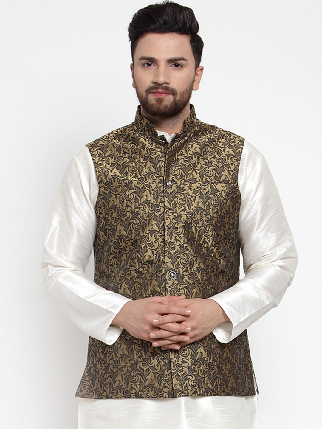 

Jompers Men Gold & Black Woven Design Nehru Jacket