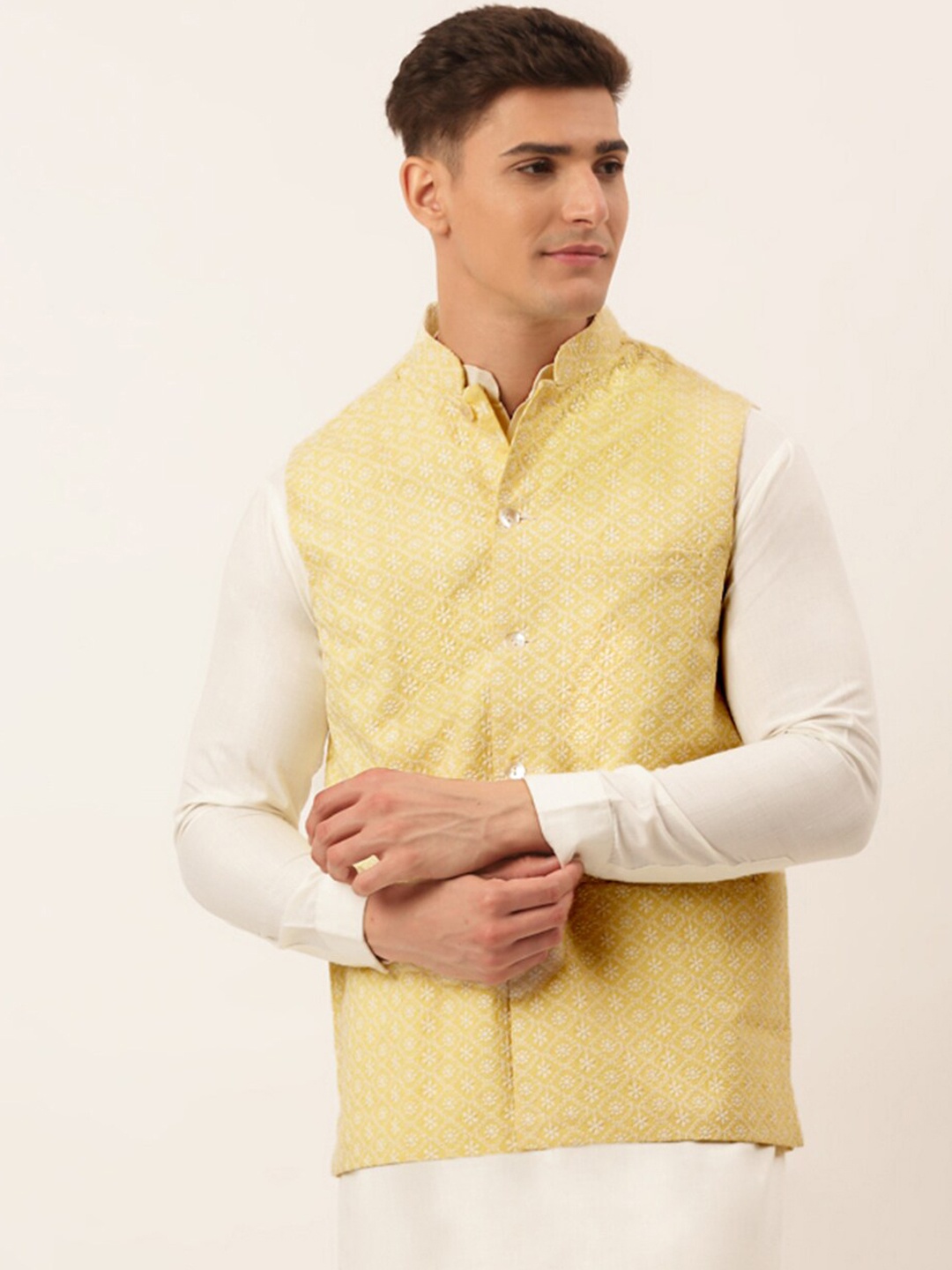 

Jompers Men Yellow Embroidered Nehru Jacket