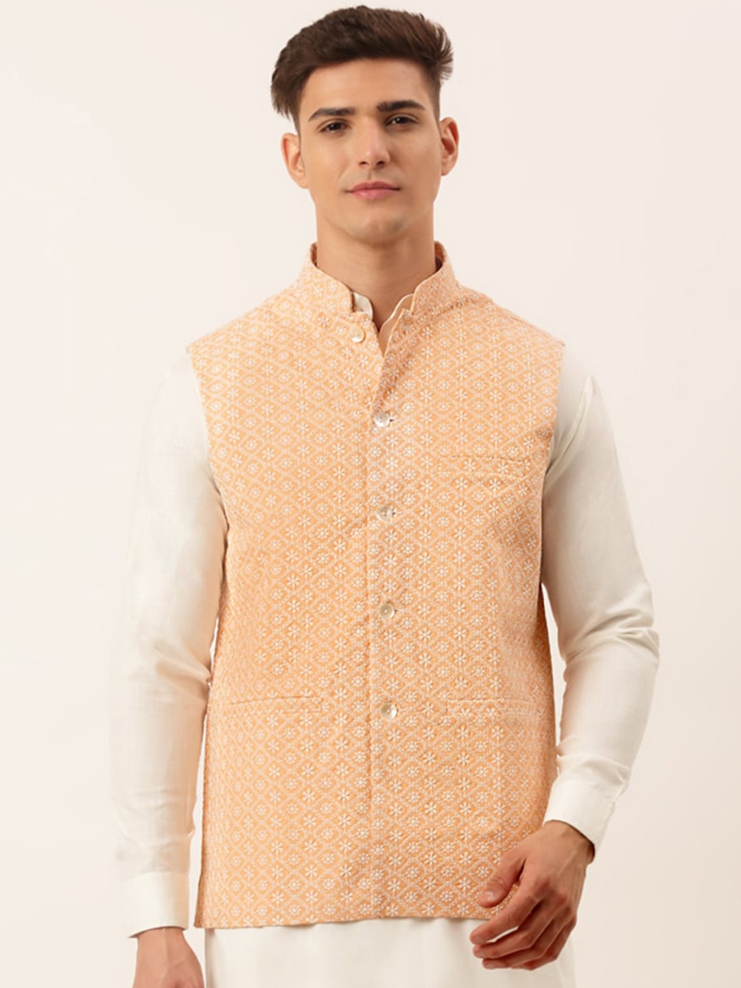 

Jompers Men Orange Woven Design Cotton Nehru Jacket