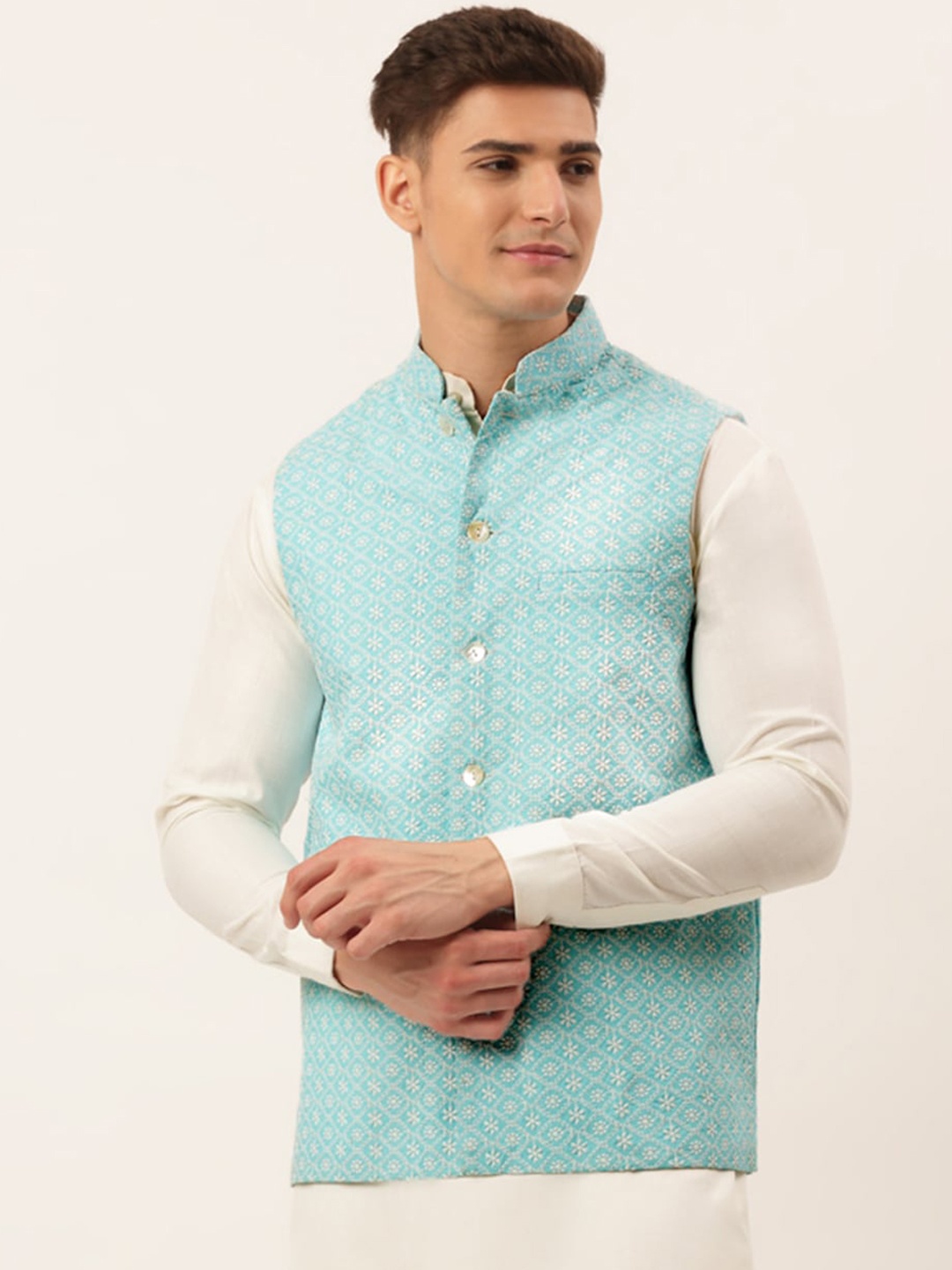 

Jompers Men Turquoise Blue Floral Embroidered Cotton Nehru Jacket