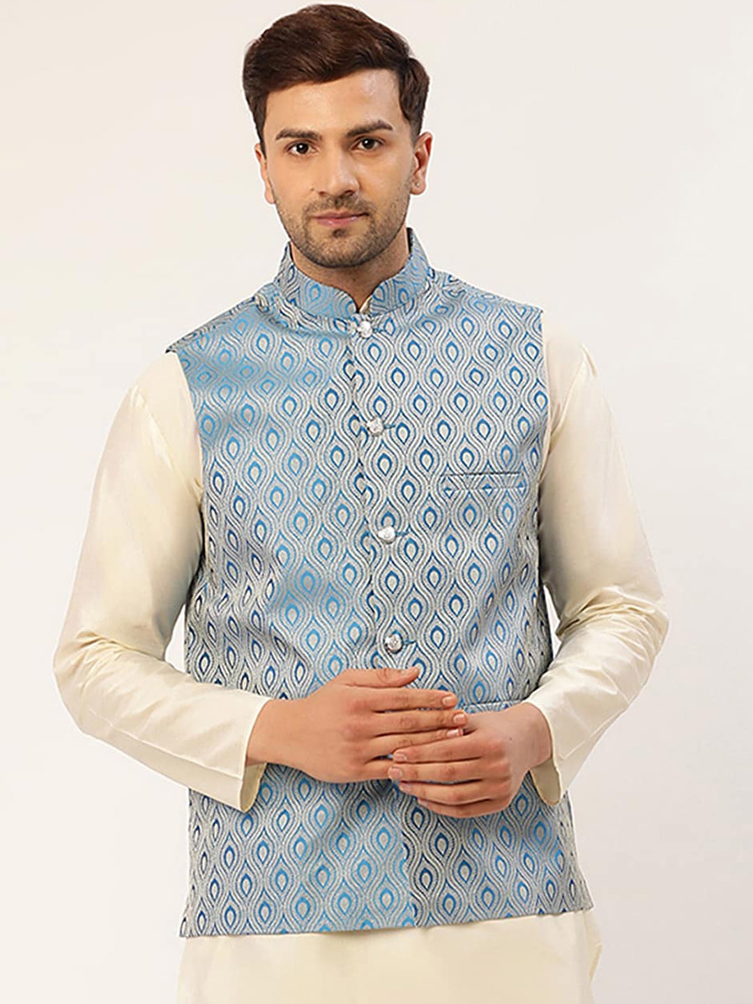 

Jompers Men Blue Woven Design Nehru Jacket