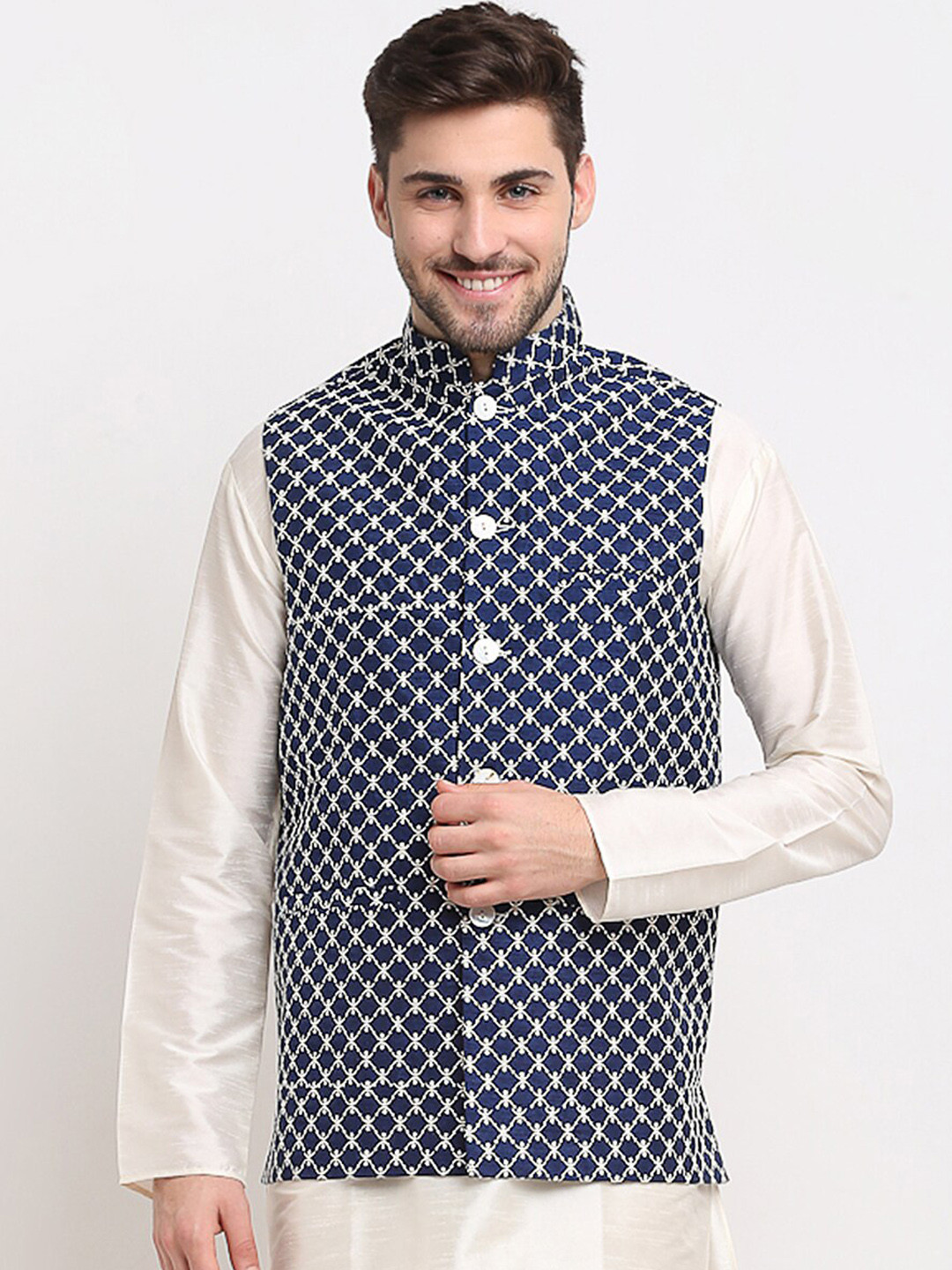 

Jompers Men Navy Blue And White Embroidered Waistcoat