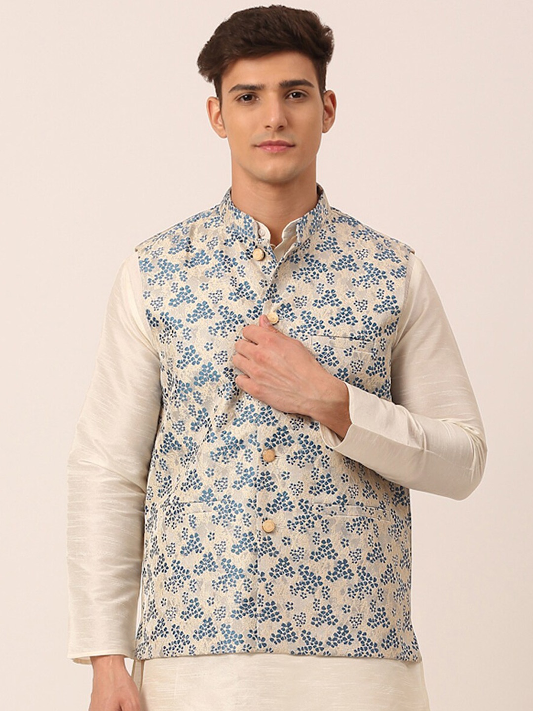 

Jompers Men Blue Printed Woven Design Waistcoat