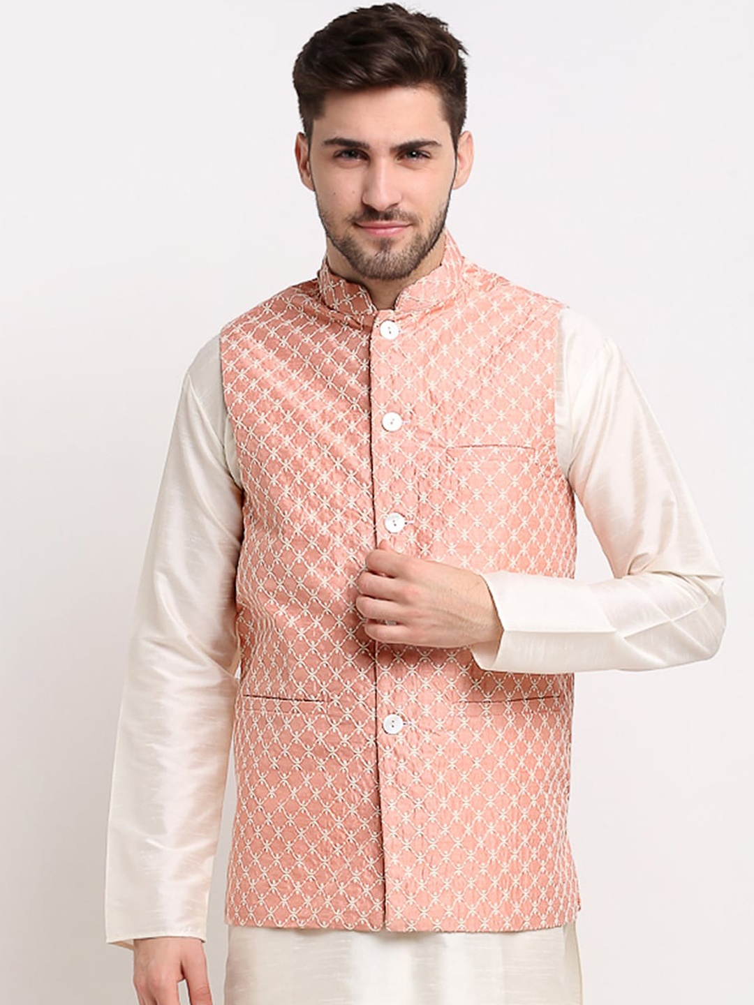 

Jompers Men Peach & White Embroidered Dupion Silk Nehru Jacket