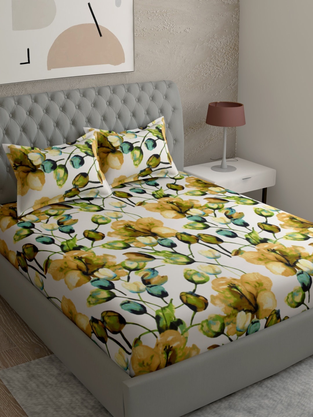 

EverHOME White & Yellow Floral King Bedsheet with 2 Pillow Covers
