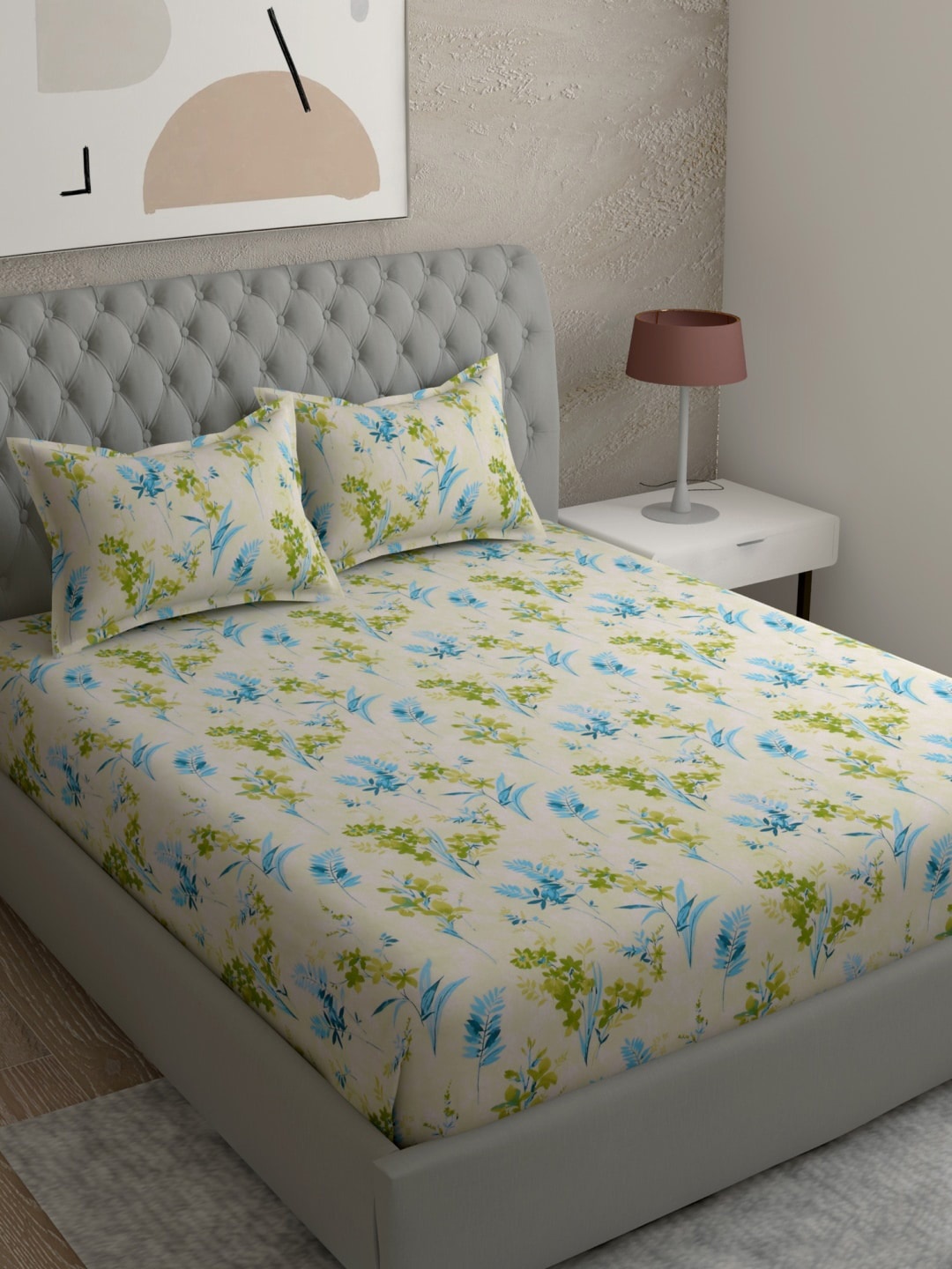 

EverHOME Beige & Blue Floral 120 TC King Bedsheet with 2 Pillow Covers