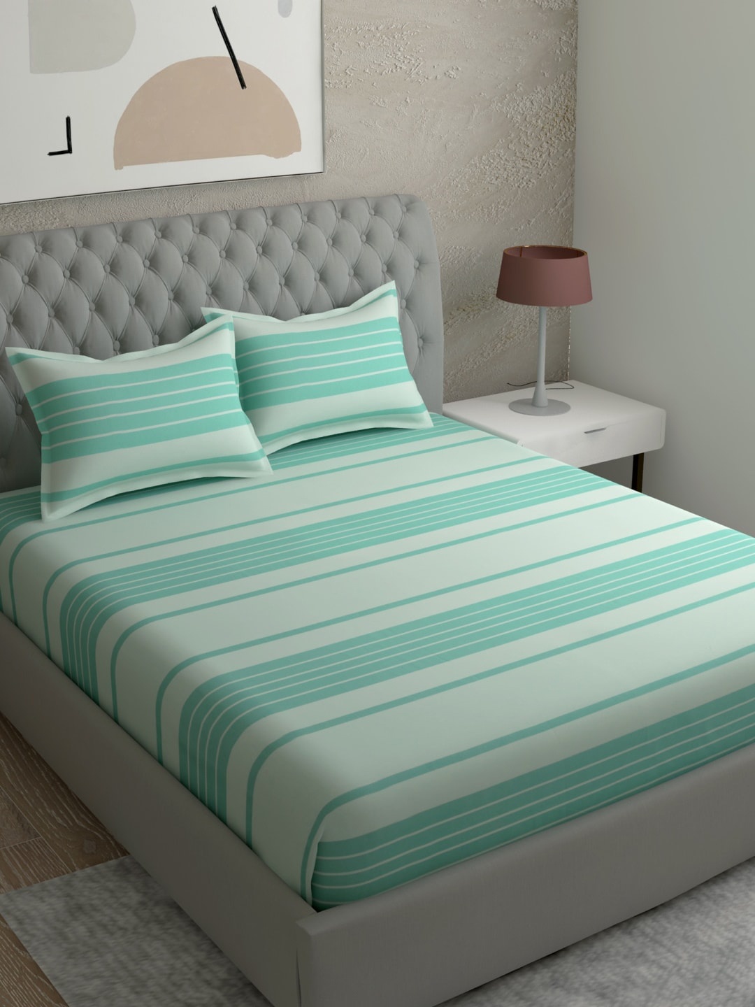 

EverHOME Green Striped 120 TC Cotton King Bedsheet with 2 Pillow Covers