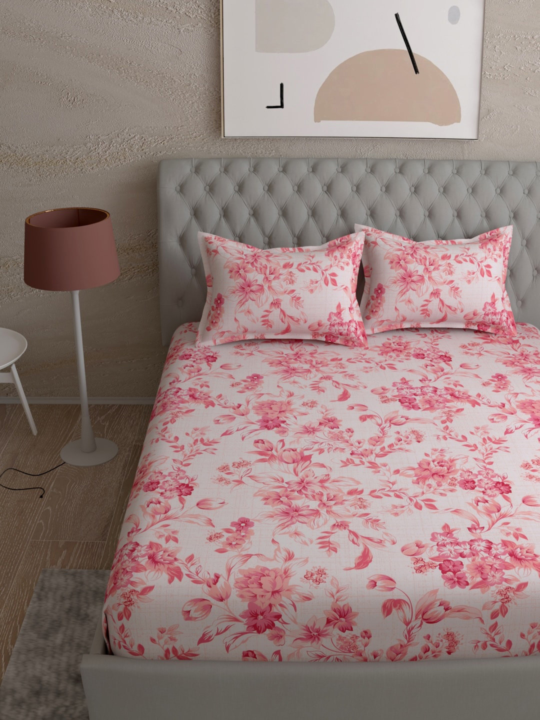 

EverHOME Pink Floral 120 TC King Bedsheet with 2 Pillow Covers