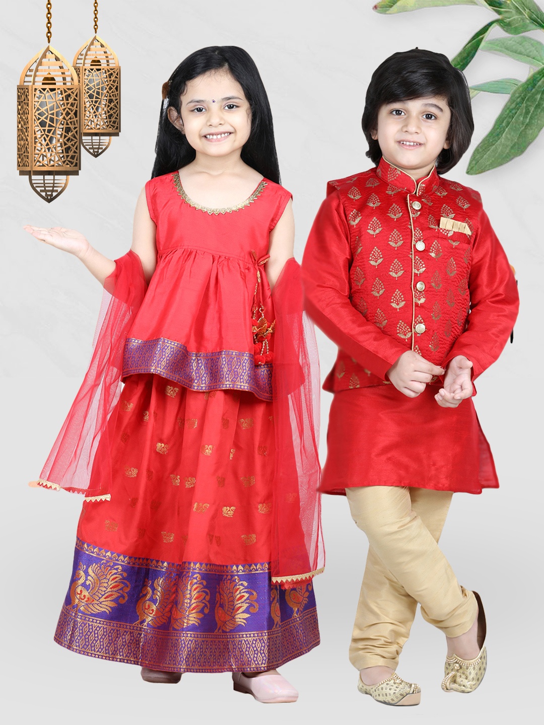 

BownBee Boys Red Kurta with Pyjamas & with Nehru Jacket