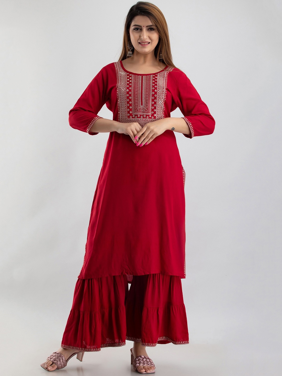 

BARKHA FAB Women Maroon Embroidered Sequinned Kurta with Sharara