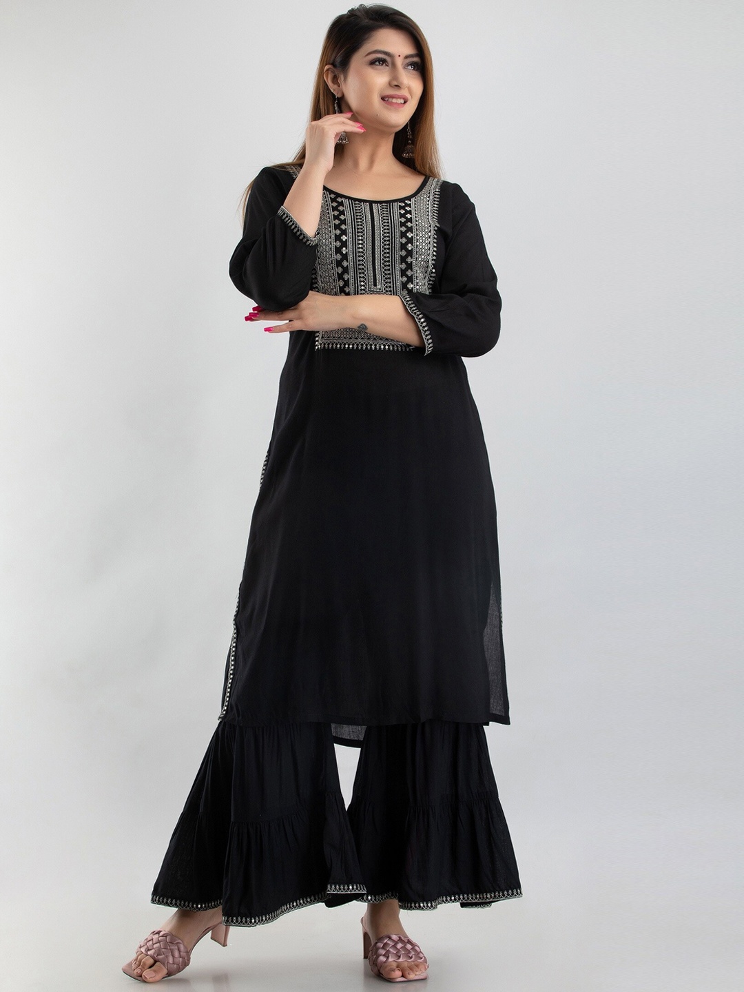 

BARKHA FAB Women Black Yoke Design Sequinned Kurta with Sharara & With Dupatta