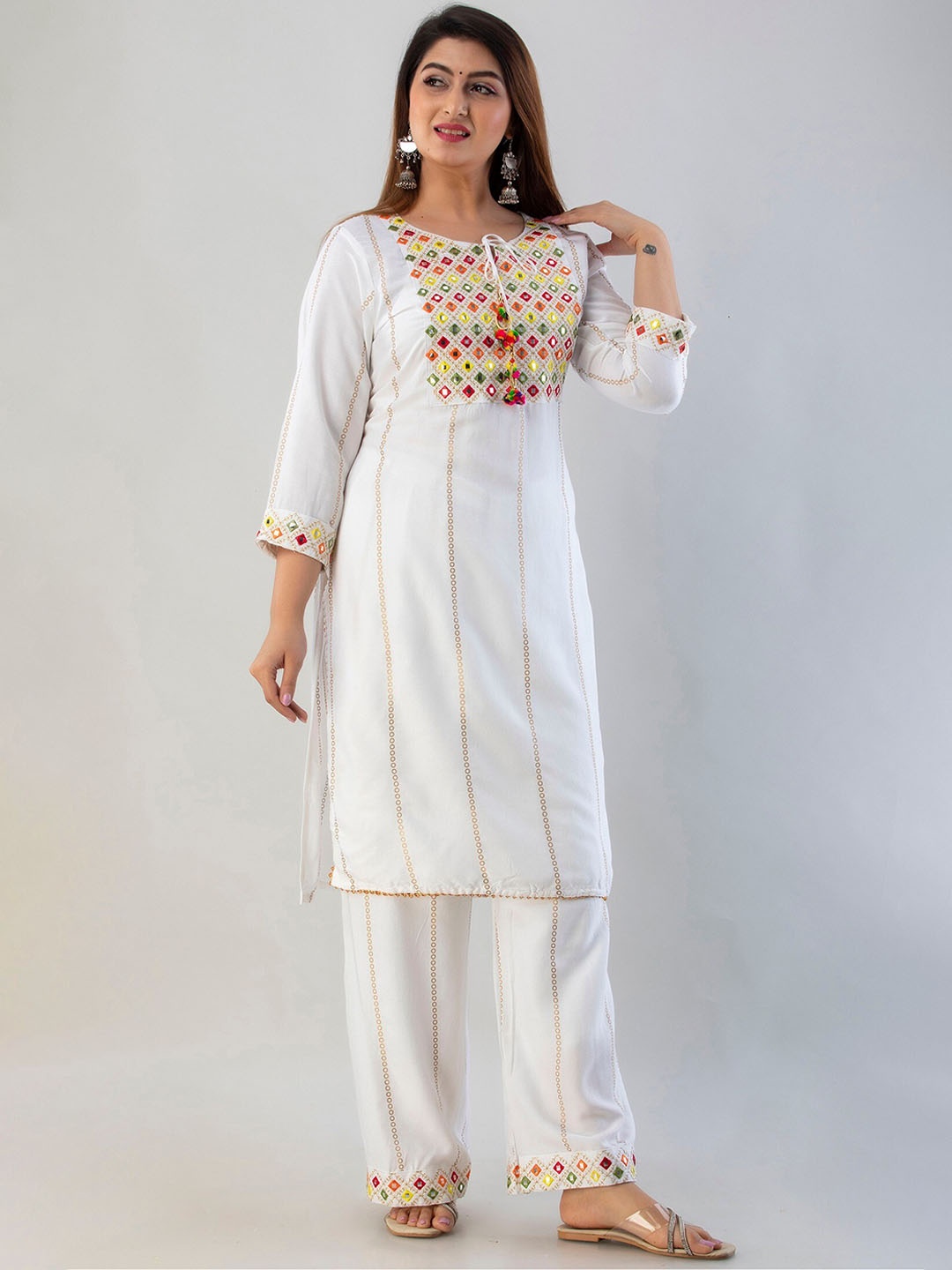 

BARKHA FAB Women White Sequinned Kurta with Pants & With Dupatta