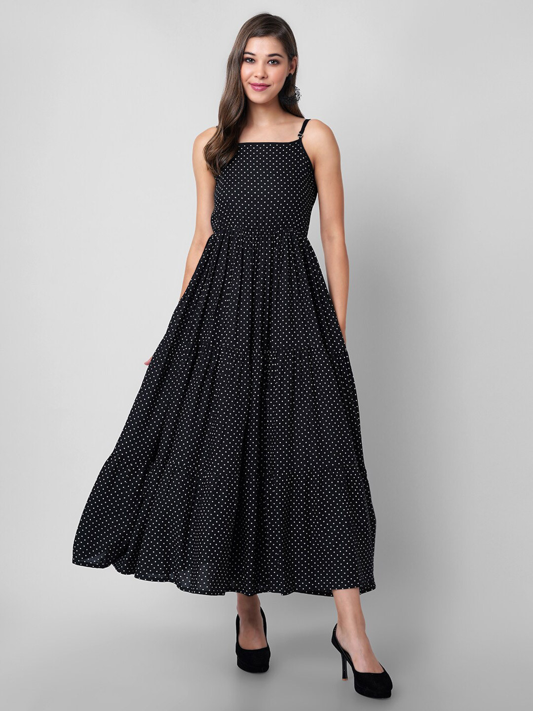 

PURSHOTTAM WALA Black Polka Dot Printed Tiered Maxi Dress