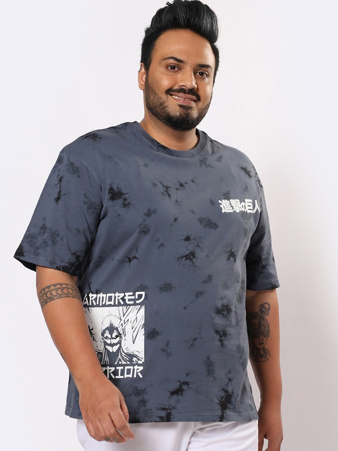 

Bewakoof Plus Men Grey Tie and Dye Loose T-shirt