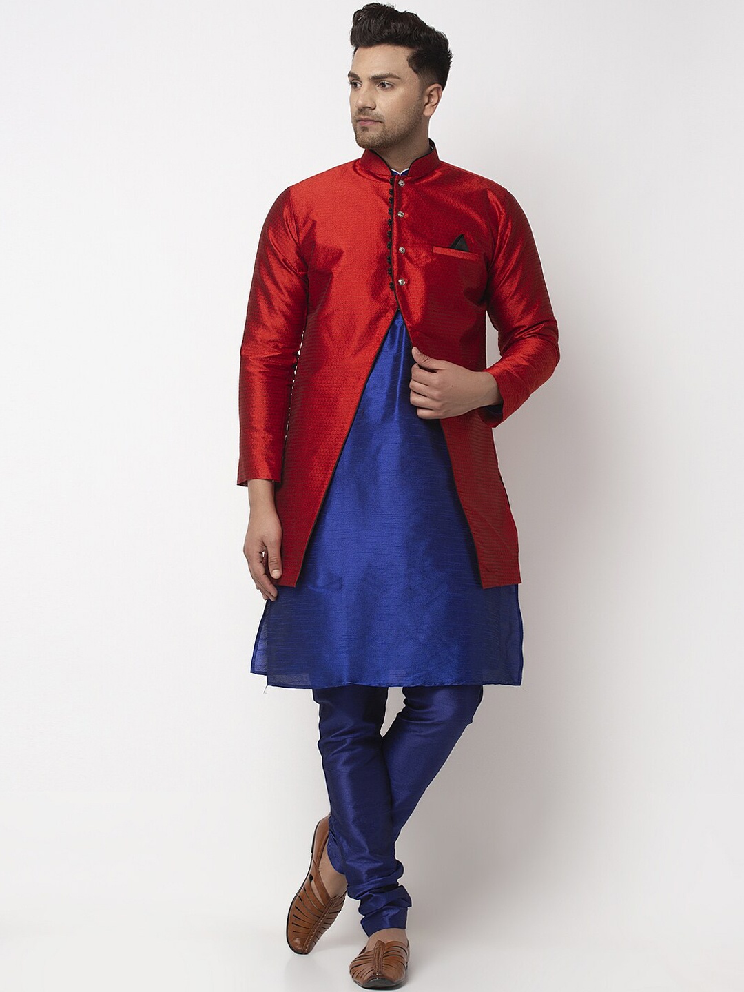 

Benstoke Men Blue Layered Dupion Silk Kurta with Churidar